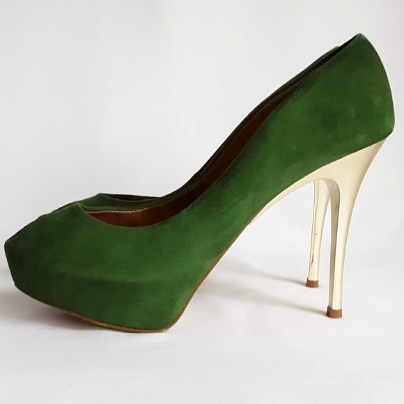 ZARA Emerald w/ Gold Peep Toe Heels - Picture 4 of 9